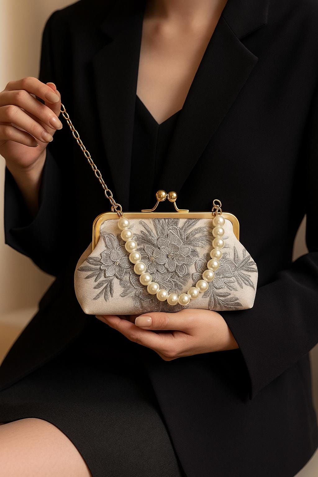 Elegant Floral Embroidered Clutch with Pearl Handle – Romantic Gift Purse for Weddings, Parties, and Special Occasions