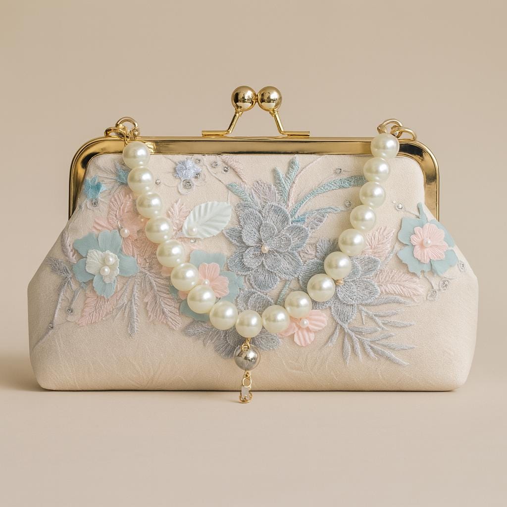 Elegant Floral Embroidered Clutch with Pearl Handle – Romantic Gift Purse for Weddings, Parties, and Special Occasions