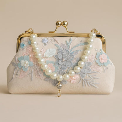 Elegant Floral Embroidered Clutch with Pearl Handle – Romantic Gift Purse for Weddings, Parties, and Special Occasions