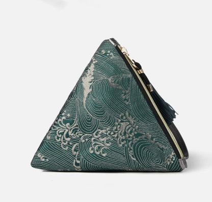 Triangle Clutch Bag, Traditional Wave Pattern, Artistic Oriental Handbag for Cultural Gift Giving