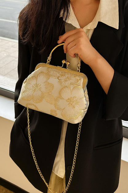 Elegant Vintage Oriental Jacquard Clutch Bag with Tassel – Pearl Handle & Chain Shoulder Strap