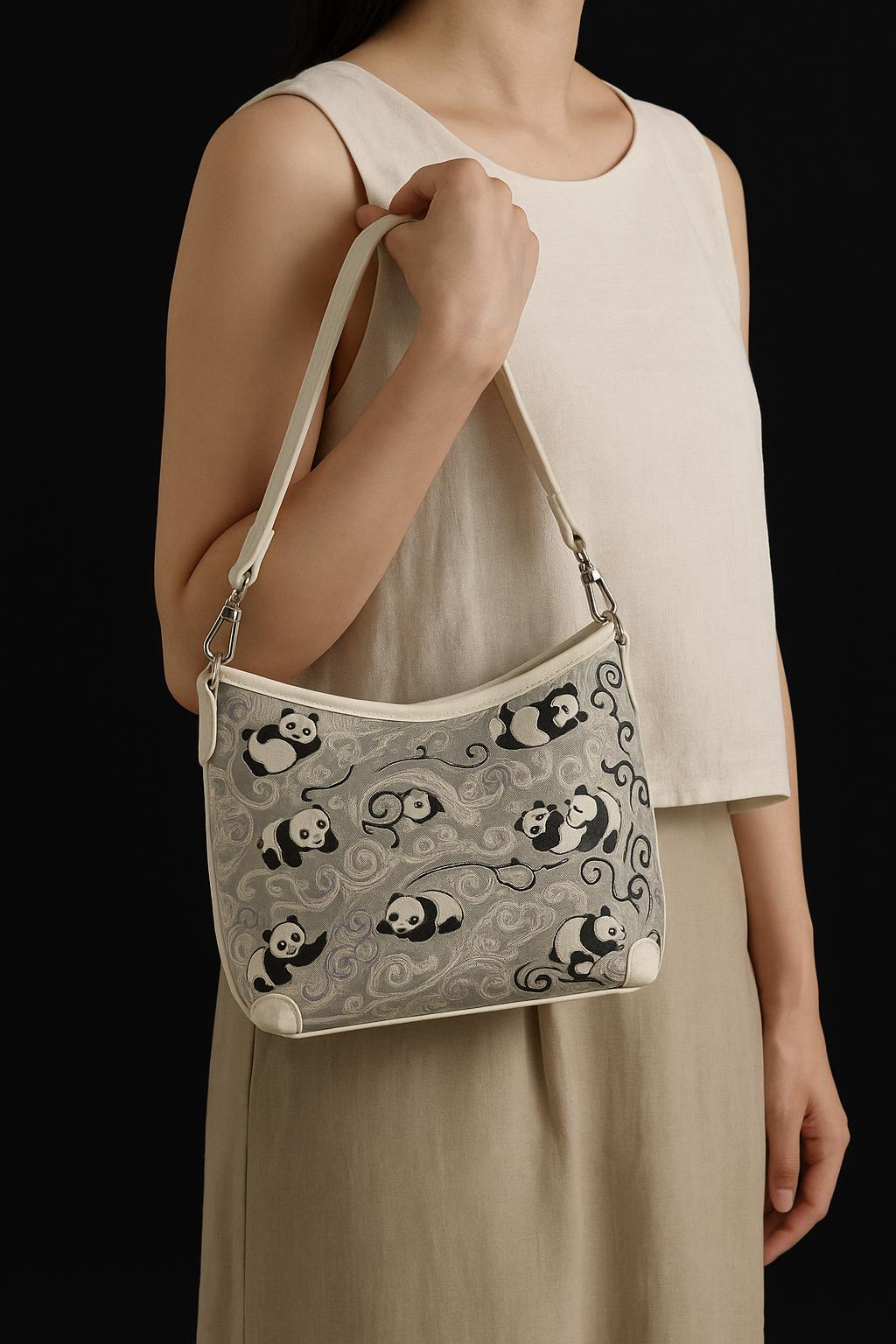 Shoulder Bag with Panda Pattern – Genuine Leather & Song Brocade – Oriental Style Purse for Daily or Gift Use