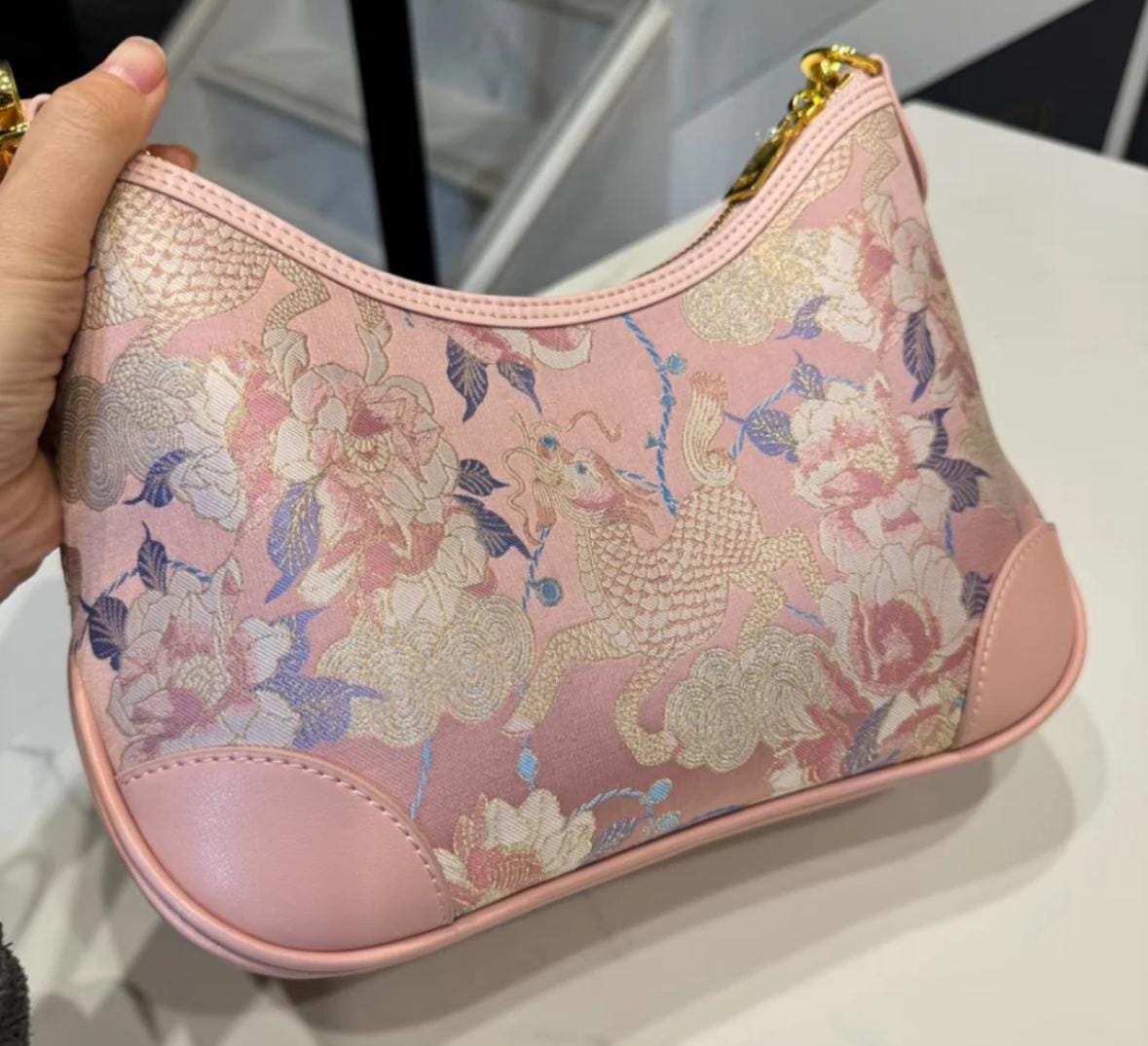 Pink Brocade Shoulder Bag – Kirin & Peony Pattern – Song Brocade + Leather Horn-Shaped Purse for Daily or Cultural Gift Use