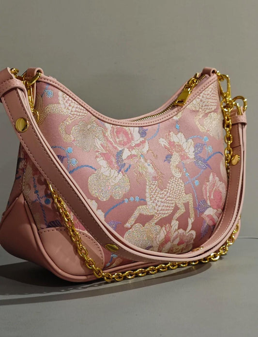 Pink Brocade Shoulder Bag – Kirin & Peony Pattern – Song Brocade + Leather Horn-Shaped Purse for Daily or Cultural Gift Use