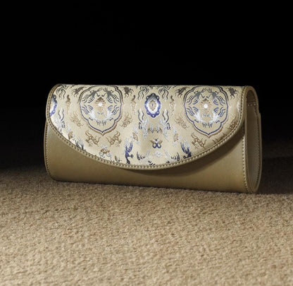 Oriental Brocade Evening Clutch – Crane & Deer Pattern – Handmade Gold Jacquard Purse – Elegant Gift for Her