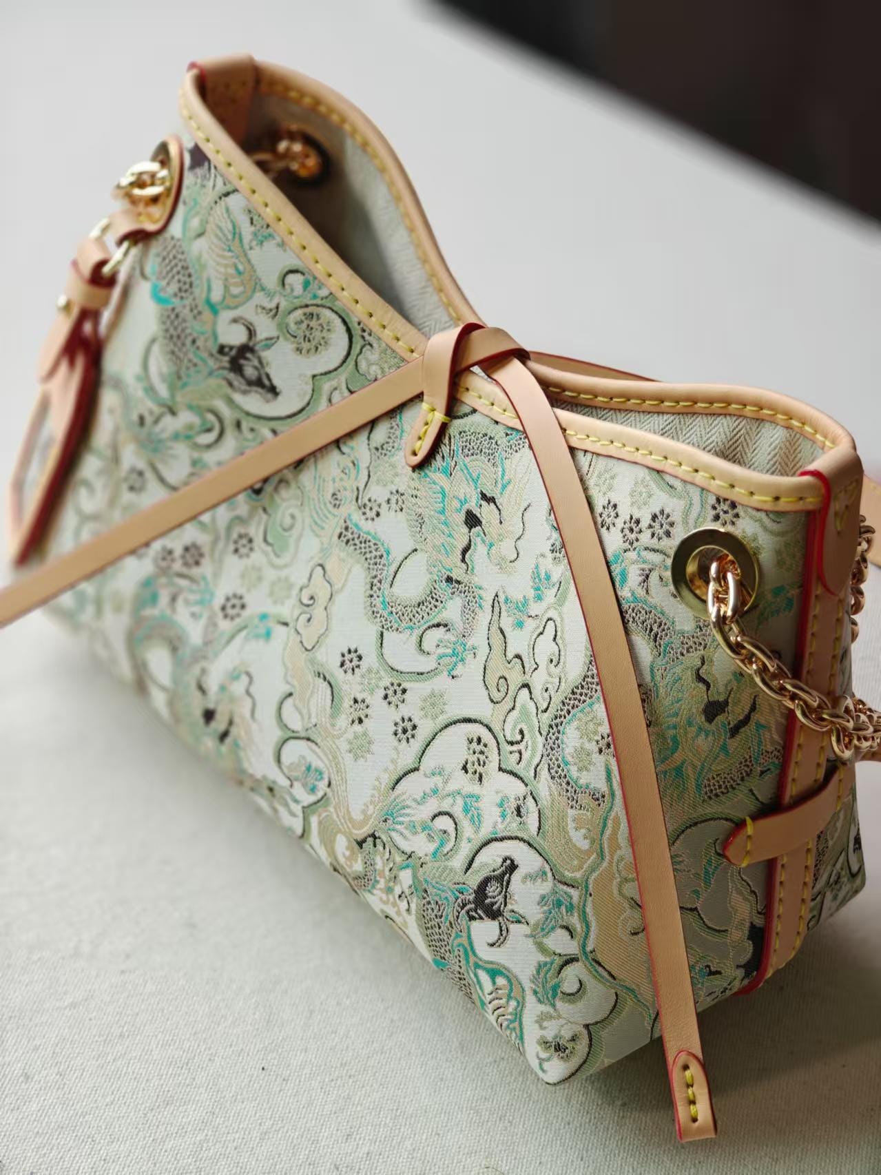 Dragon Brocade Handbag – Silk Tapestry, Auspicious Cow-Dragon Pattern, Elegant Oriental Purse for Everyday or Formal Wear