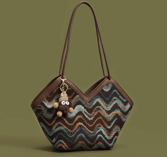 Retro Zigzag Wool Tote Bag with Plush Keychain – Vintage Chevron Handbag for Women