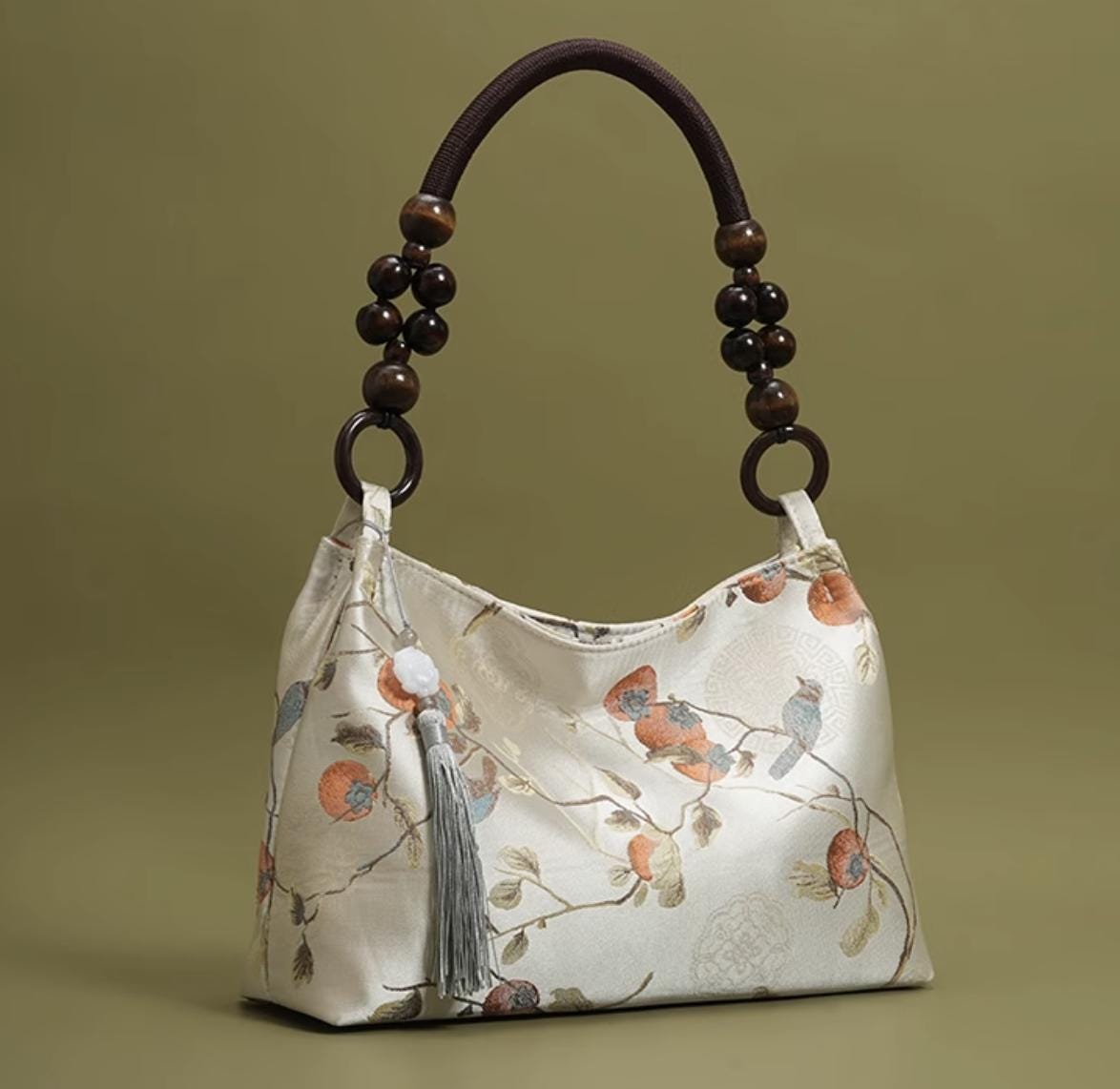 Elegant Chinese Vintage Style Tote Bag with Beaded Handle and Floral Embroidery