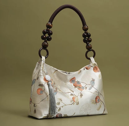 Elegant Chinese Vintage Style Tote Bag with Beaded Handle and Floral Embroidery