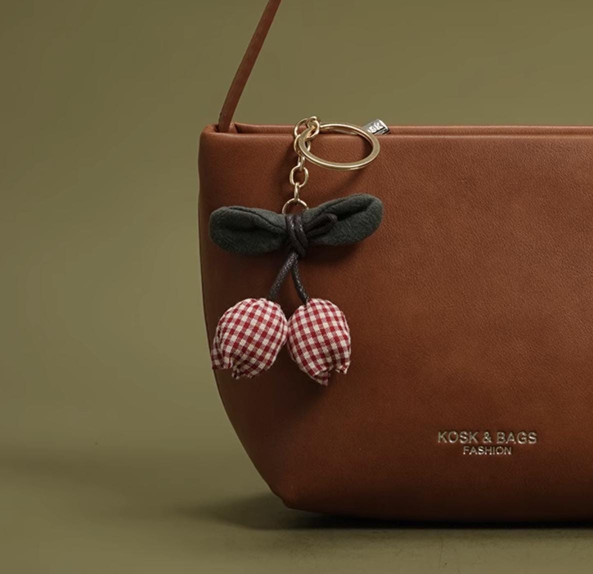 Vintage Brown Faux Leather Crossbody Bag with Cherry Keychain – Small Shoulder Purse for Women