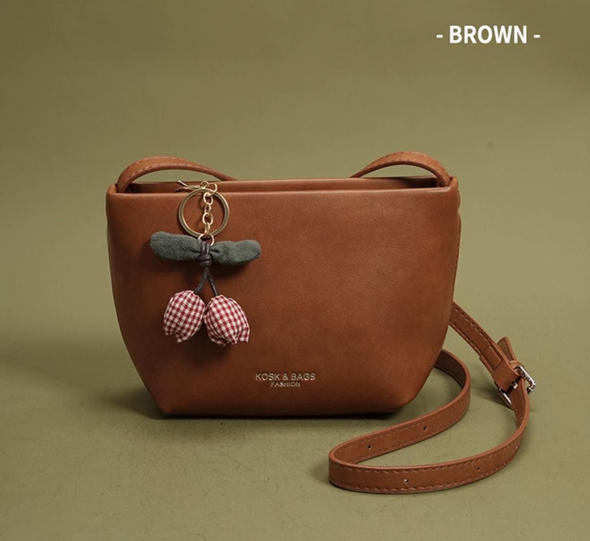 Vintage Brown Faux Leather Crossbody Bag with Cherry Keychain – Small Shoulder Purse for Women
