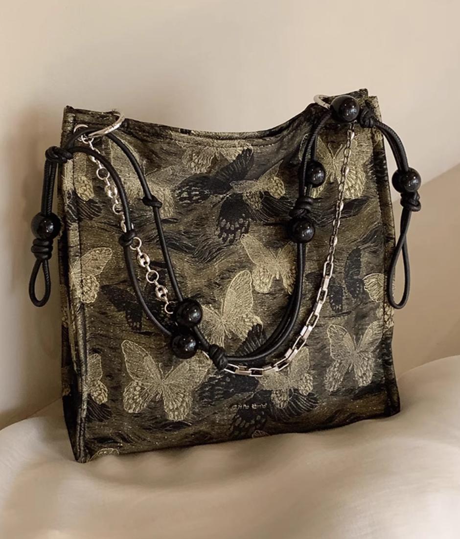 Vintage Butterfly Embroidered Shoulder Bag with Beaded Strap – Elegant Tapestry Crossbody Purse