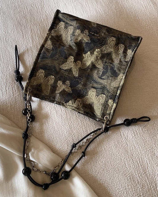 Vintage Butterfly Embroidered Shoulder Bag with Beaded Strap – Elegant Tapestry Crossbody Purse