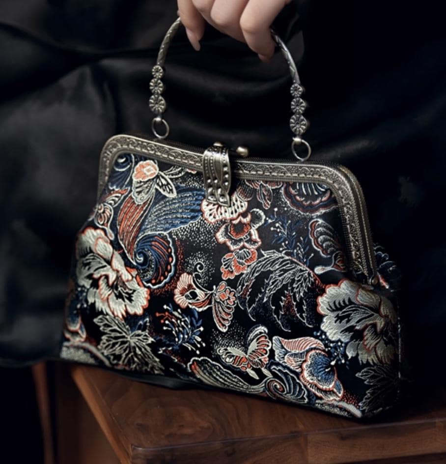 Handmade Embroidered Chinese Vintage Brocade Handbag – "Golden Butterfly & Leaf" Kiss Lock Purse