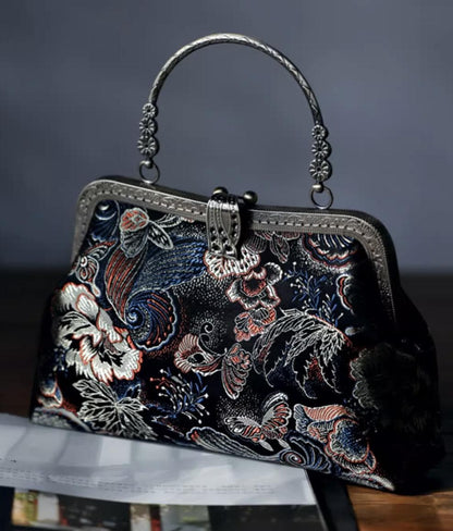 Handmade Embroidered Chinese Vintage Brocade Handbag – "Golden Butterfly & Leaf" Kiss Lock Purse