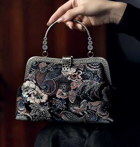 Handmade Embroidered Chinese Vintage Brocade Handbag – "Golden Butterfly & Leaf" Kiss Lock Purse