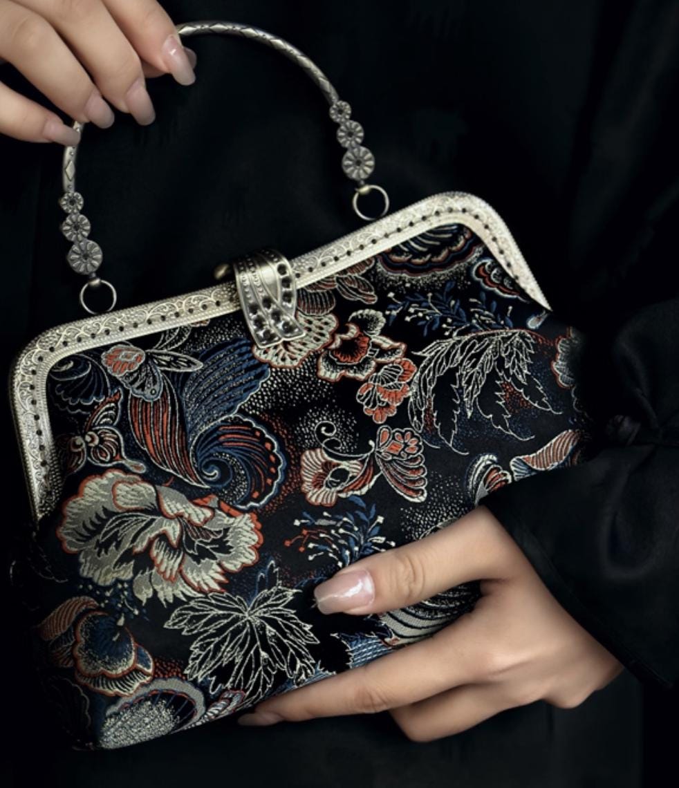 Handmade Embroidered Chinese Vintage Brocade Handbag – "Golden Butterfly & Leaf" Kiss Lock Purse