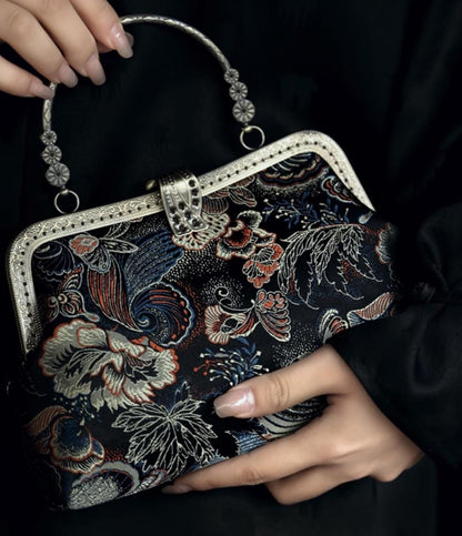 Handmade Embroidered Chinese Vintage Brocade Handbag – "Golden Butterfly & Leaf" Kiss Lock Purse