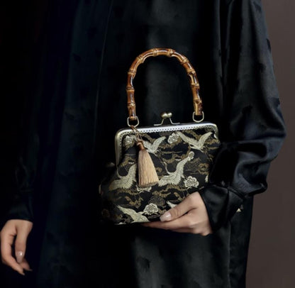 Oriental Embroidered Bamboo Handle Clasp Bag | Handmade Chinese Vintage Handbag | Silk Brocade Purse with Crane & Cloud Motif
