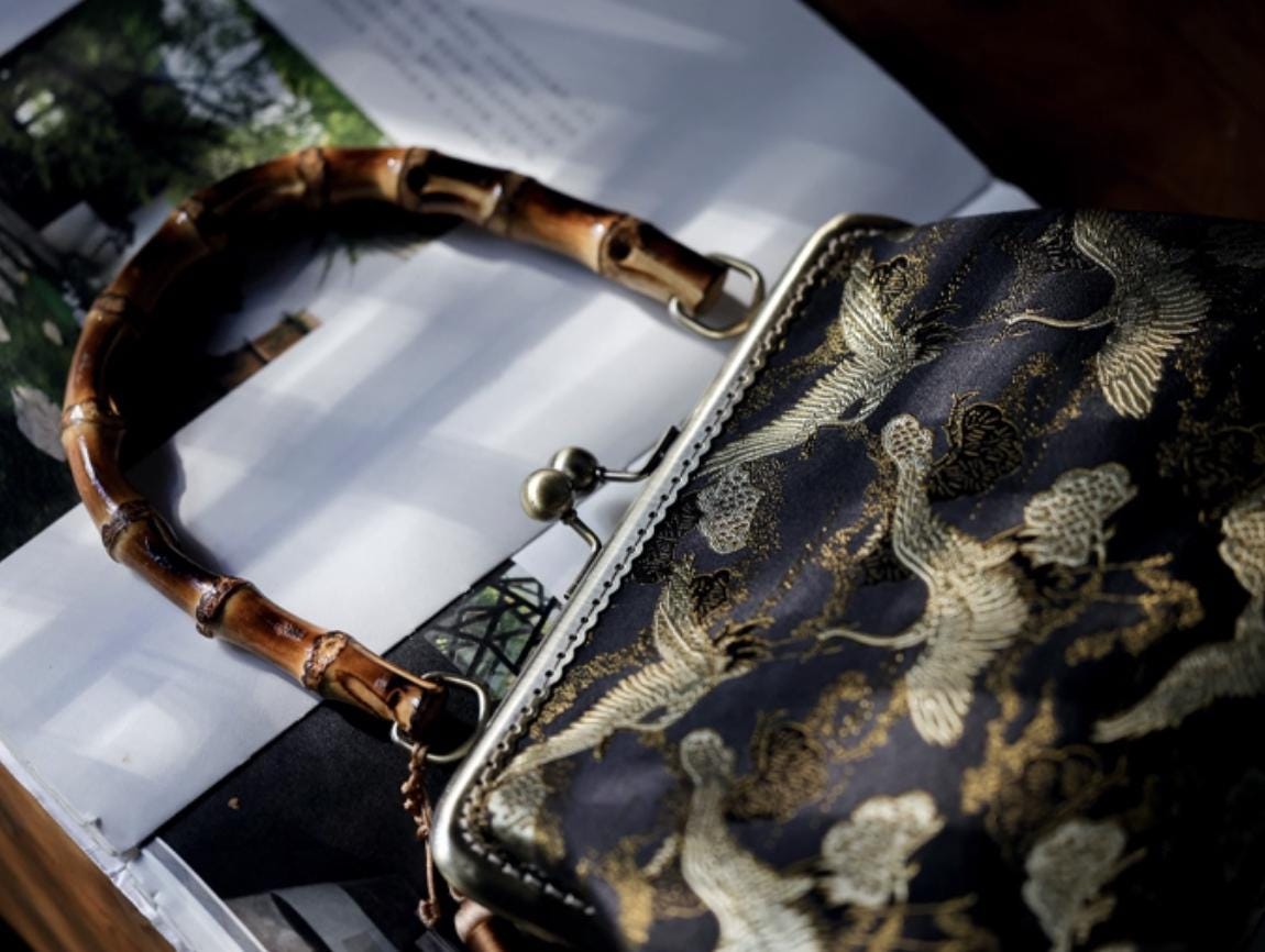 Oriental Embroidered Bamboo Handle Clasp Bag | Handmade Chinese Vintage Handbag | Silk Brocade Purse with Crane & Cloud Motif