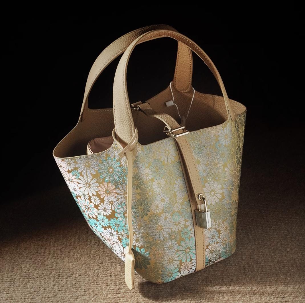 Floral Brocade Handbag – Handmade Silk and Leather Tote Bag with Bamboo Texture, Elegant Oriental Style for Daily Use or Gifting