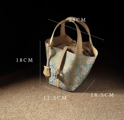 Floral Brocade Handbag – Handmade Silk and Leather Tote Bag with Bamboo Texture, Elegant Oriental Style for Daily Use or Gifting