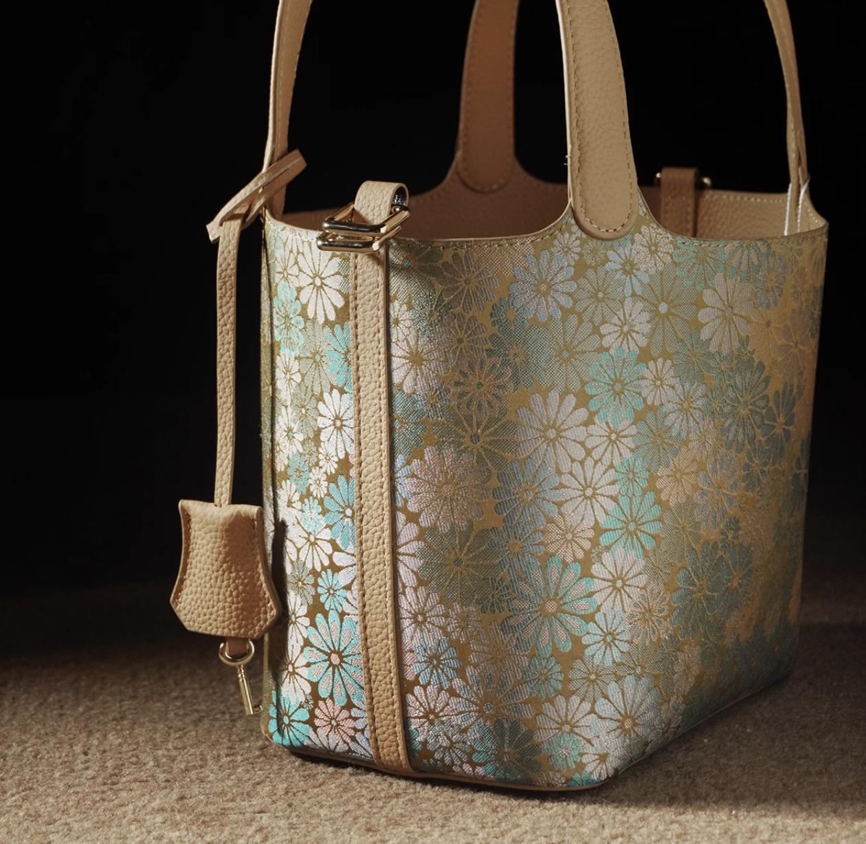 Floral Brocade Handbag – Handmade Silk and Leather Tote Bag with Bamboo Texture, Elegant Oriental Style for Daily Use or Gifting