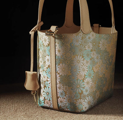 Floral Brocade Handbag – Handmade Silk and Leather Tote Bag with Bamboo Texture, Elegant Oriental Style for Daily Use or Gifting