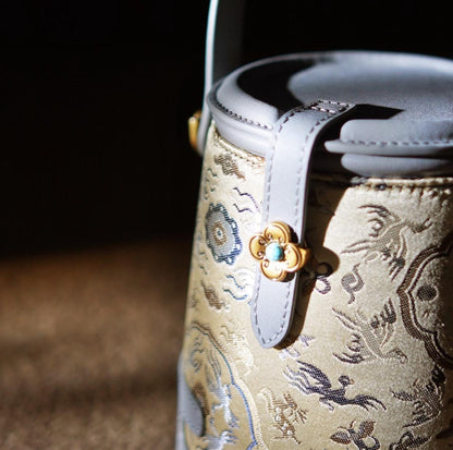 Song Brocade & Hand-Textured Cowhide Bucket Bag – Handmade Oriental Luxury for Daily Use or Gifting