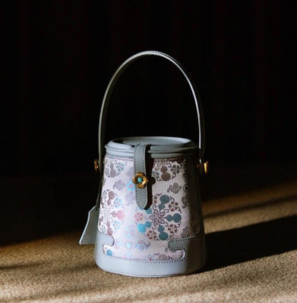 Song Brocade & Hand-Textured Cowhide Bucket Bag – Handmade Oriental Luxury for Daily Use or Gifting
