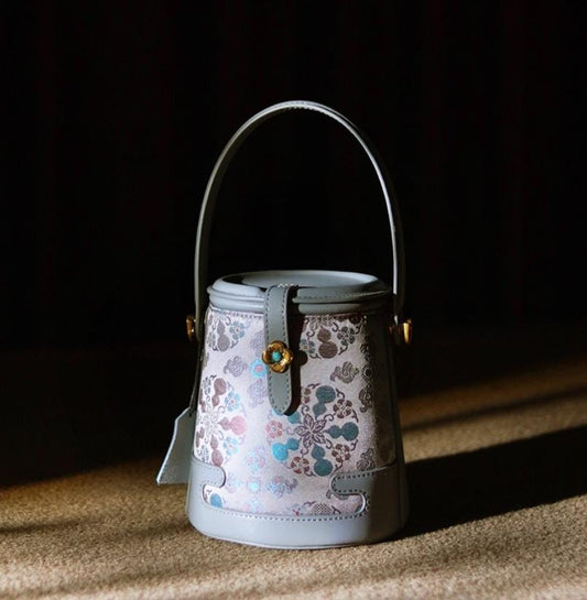 Song Brocade & Hand-Textured Cowhide Bucket Bag – Handmade Oriental Luxury for Daily Use or Gifting