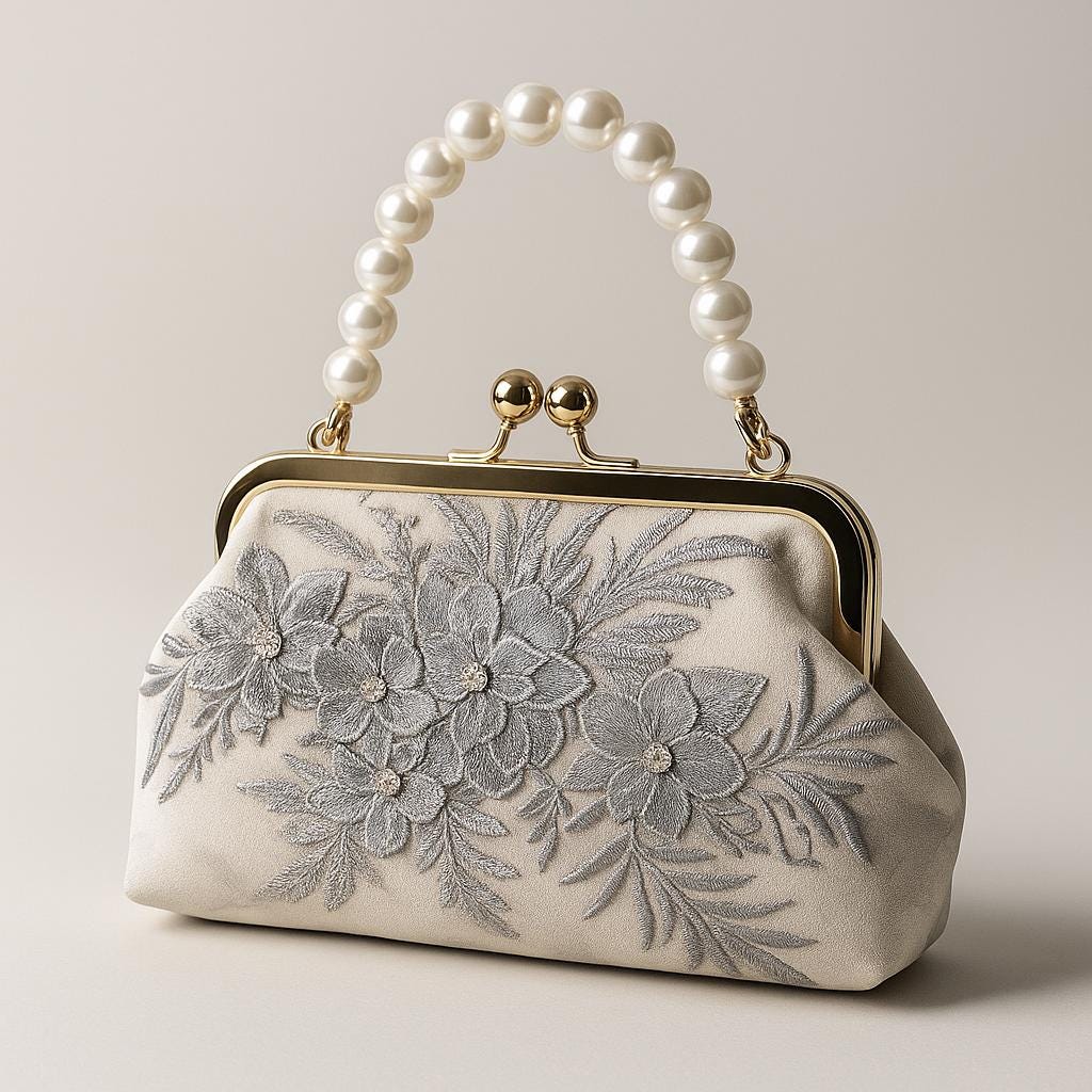 Elegant Floral Embroidered Clutch with Pearl Handle – Romantic Gift Purse for Weddings, Parties, and Special Occasions