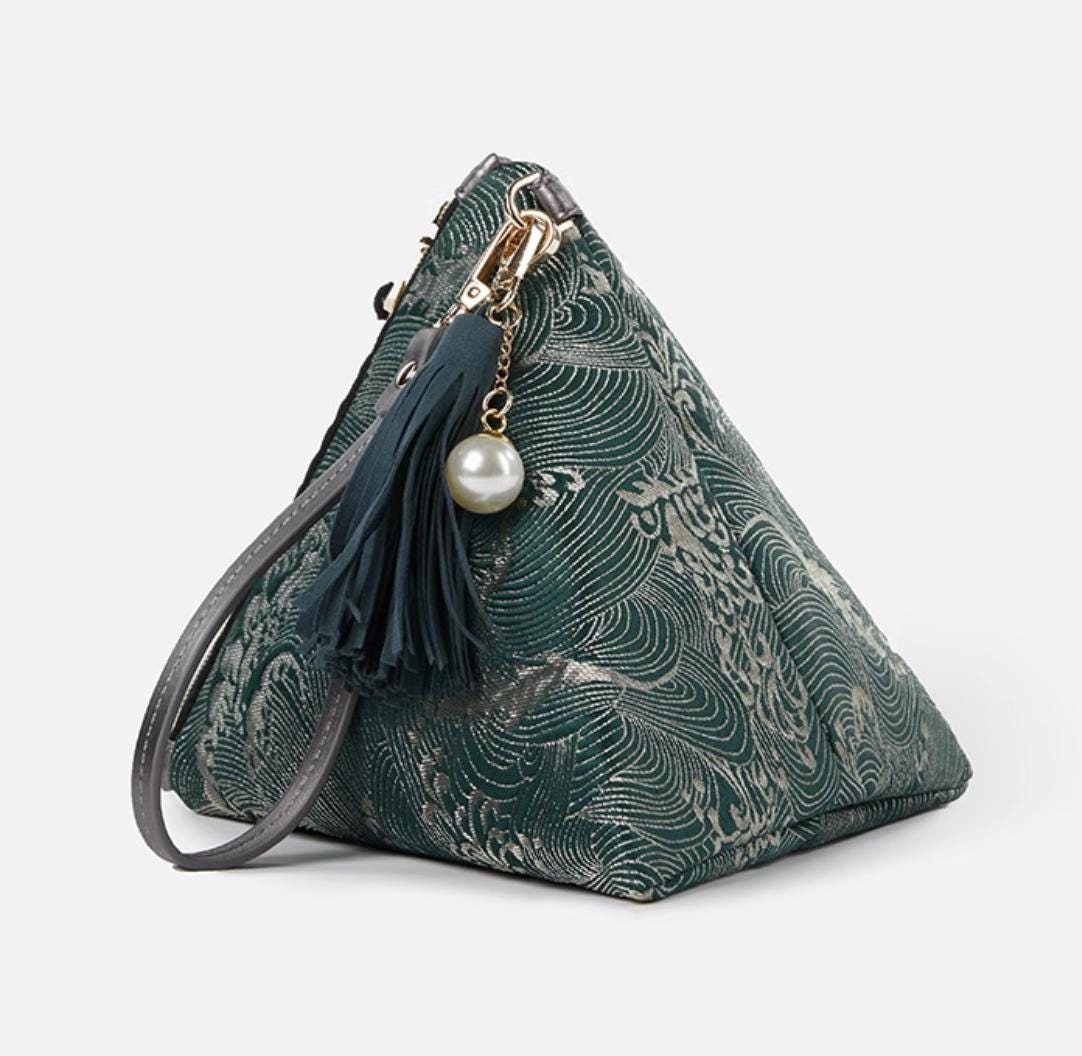 Triangle Clutch Bag, Traditional Wave Pattern, Artistic Oriental Handbag for Cultural Gift Giving