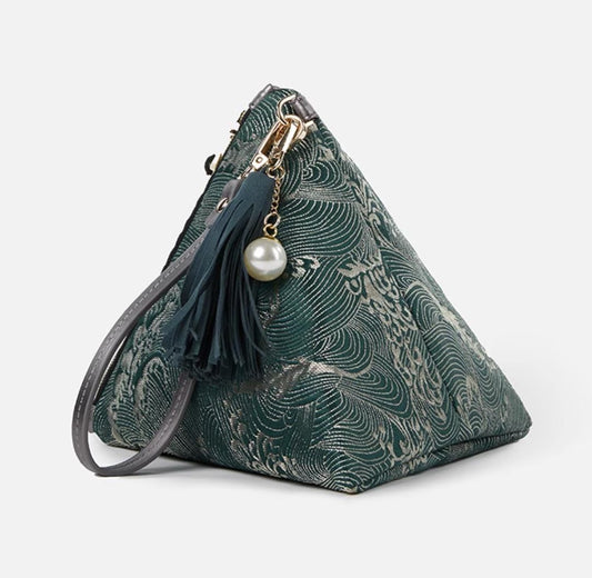 Triangle Clutch Bag, Traditional Wave Pattern, Artistic Oriental Handbag for Cultural Gift Giving