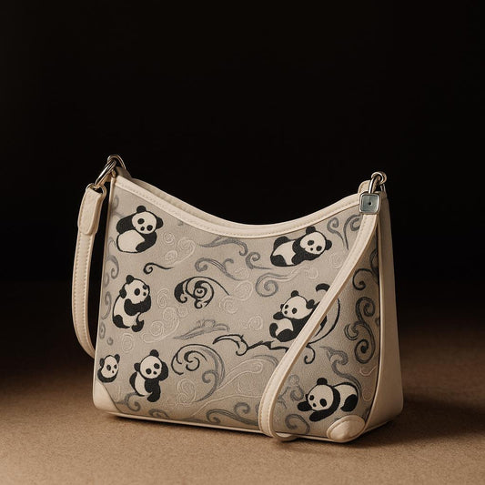 Shoulder Bag with Panda Pattern – Genuine Leather & Song Brocade – Oriental Style Purse for Daily or Gift Use