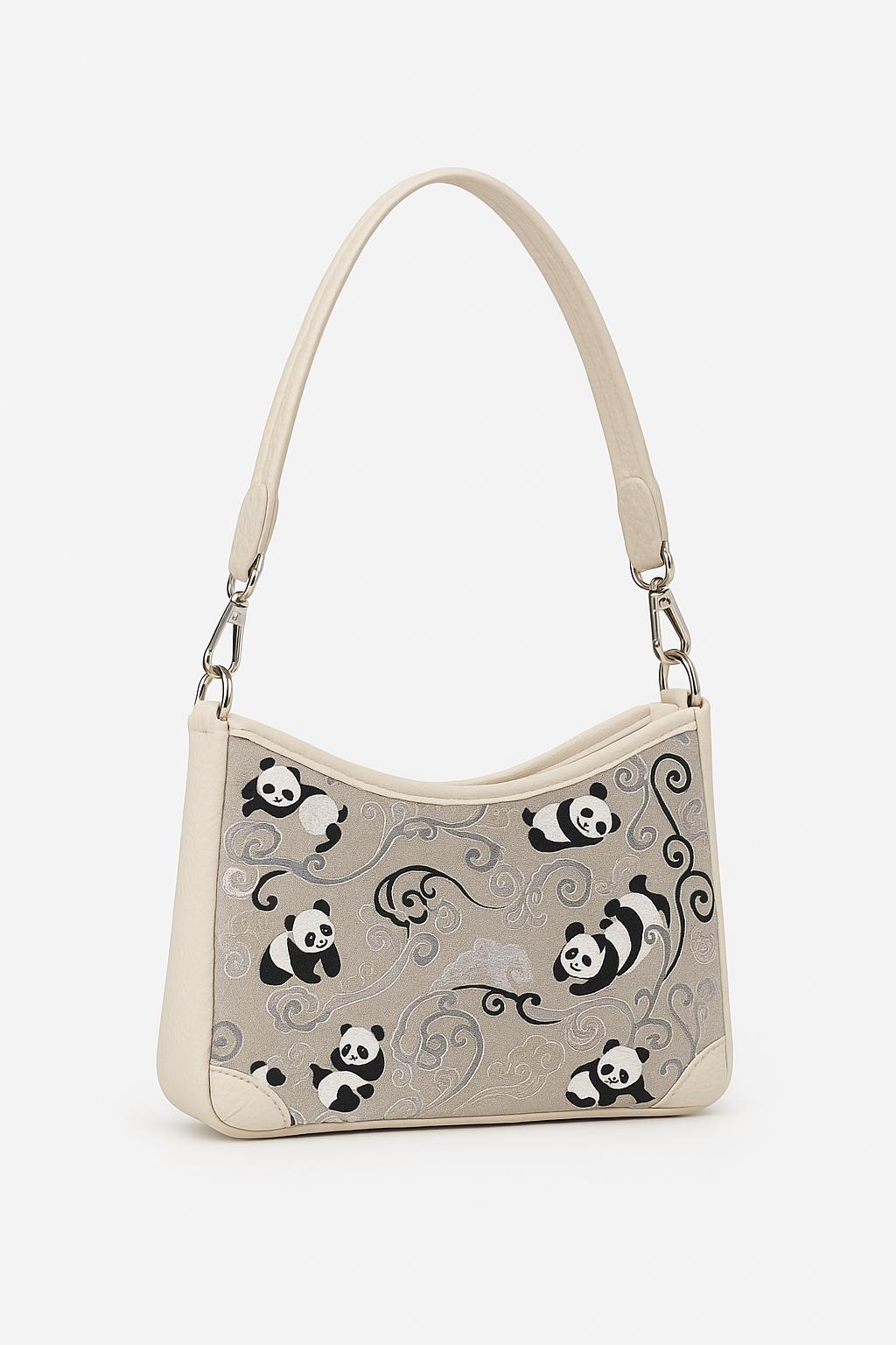 Shoulder Bag with Panda Pattern – Genuine Leather & Song Brocade – Oriental Style Purse for Daily or Gift Use