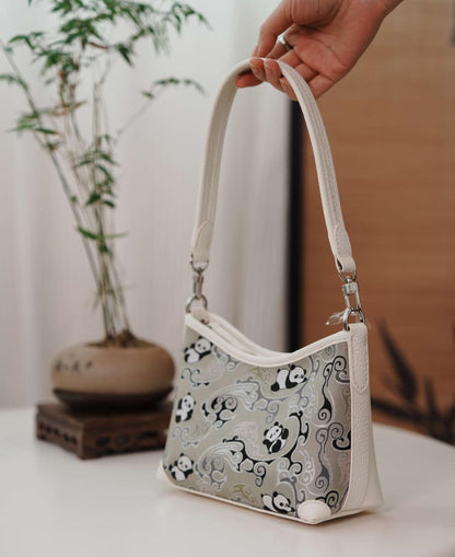 Shoulder Bag with Panda Pattern – Genuine Leather & Song Brocade – Oriental Style Purse for Daily or Gift Use