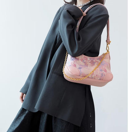 Pink Brocade Shoulder Bag – Kirin & Peony Pattern – Song Brocade + Leather Horn-Shaped Purse for Daily or Cultural Gift Use