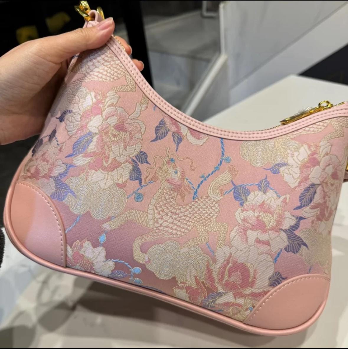 Pink Brocade Shoulder Bag – Kirin & Peony Pattern – Song Brocade + Leather Horn-Shaped Purse for Daily or Cultural Gift Use