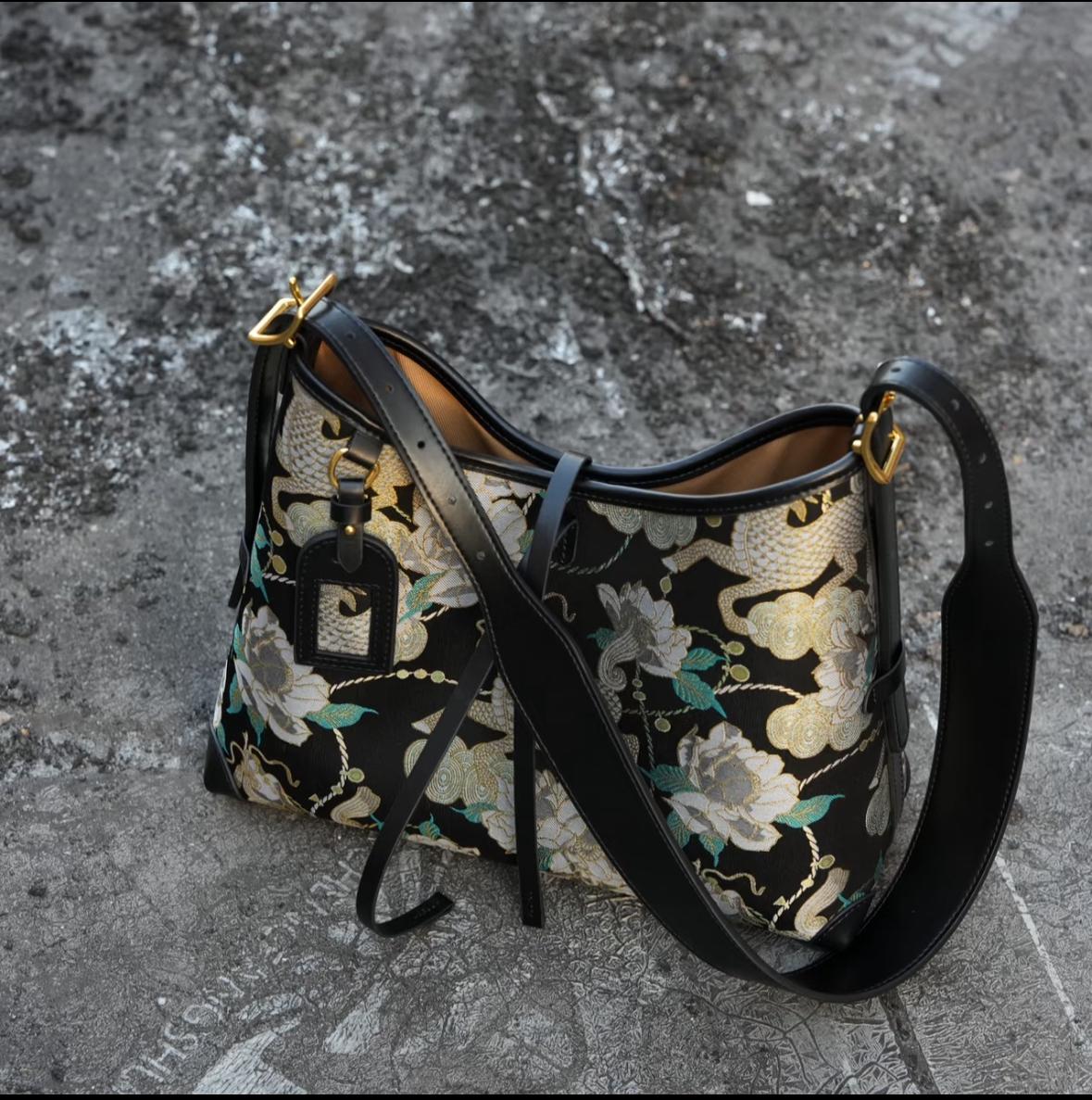 New Chinese Style Kirin Bag – Song Brocade × Genuine Leather – Elegant Floral Shoulder Purse Inspired by Chinese Intangible Heritage