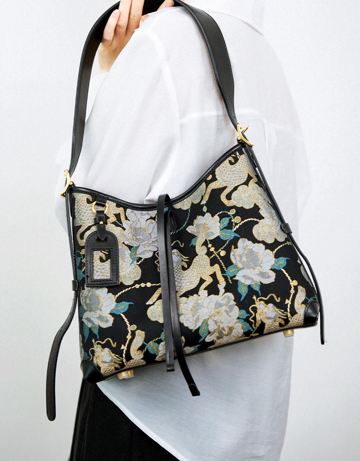 New Chinese Style Kirin Bag – Song Brocade × Genuine Leather – Elegant Floral Shoulder Purse Inspired by Chinese Intangible Heritage