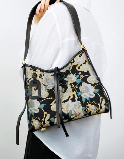 New Chinese Style Kirin Bag – Song Brocade × Genuine Leather – Elegant Floral Shoulder Purse Inspired by Chinese Intangible Heritage