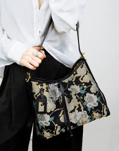 New Chinese Style Kirin Bag – Song Brocade × Genuine Leather – Elegant Floral Shoulder Purse Inspired by Chinese Intangible Heritage