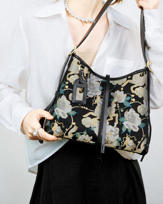 New Chinese Style Kirin Bag – Song Brocade × Genuine Leather – Elegant Floral Shoulder Purse Inspired by Chinese Intangible Heritage