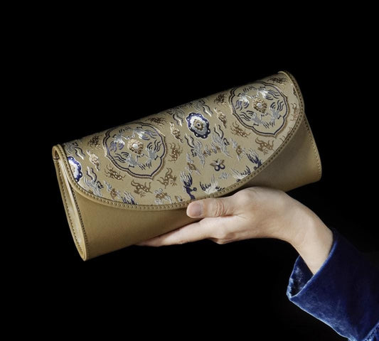 Oriental Brocade Evening Clutch – Crane & Deer Pattern – Handmade Gold Jacquard Purse – Elegant Gift for Her