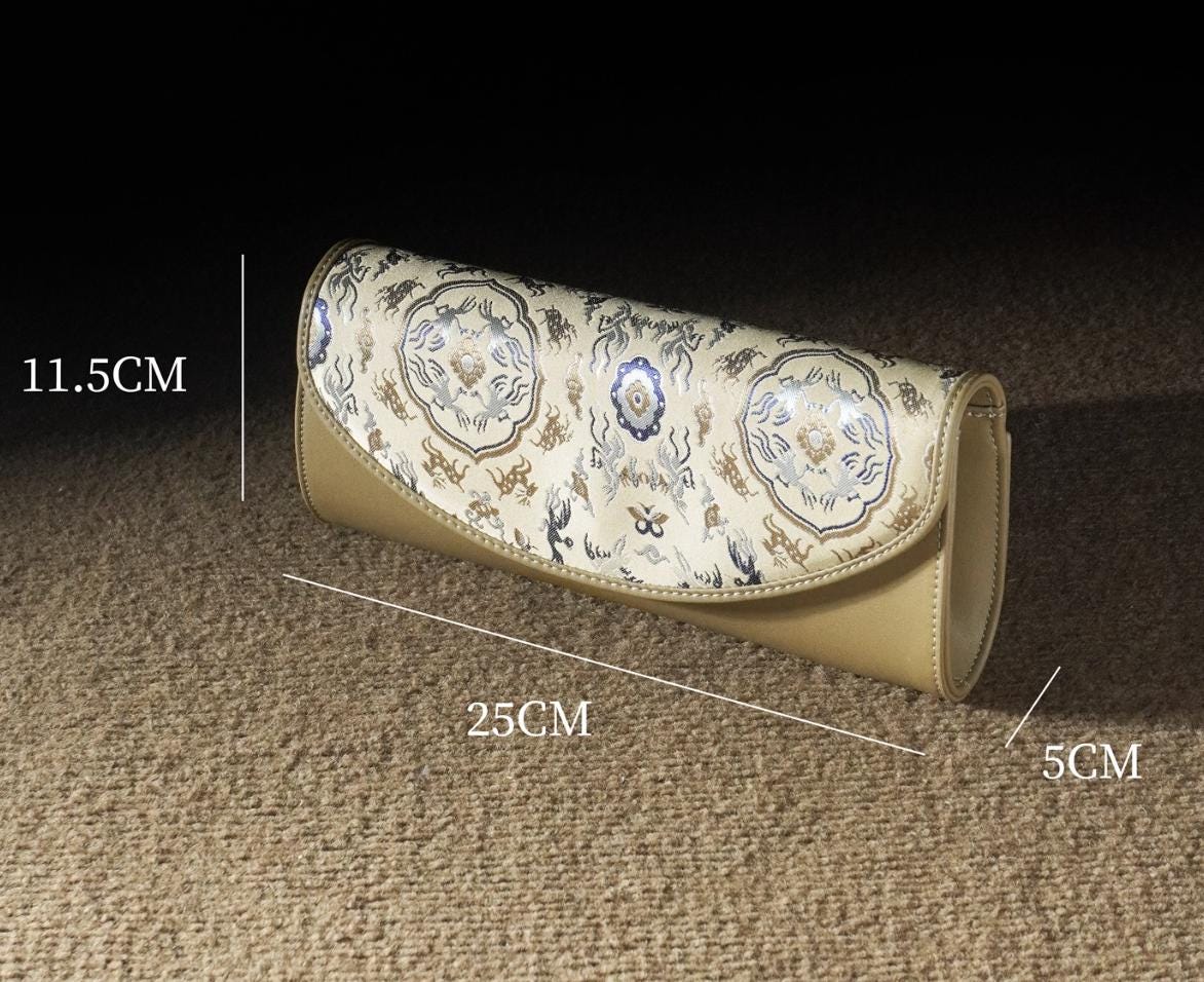 Oriental Brocade Evening Clutch – Crane & Deer Pattern – Handmade Gold Jacquard Purse – Elegant Gift for Her
