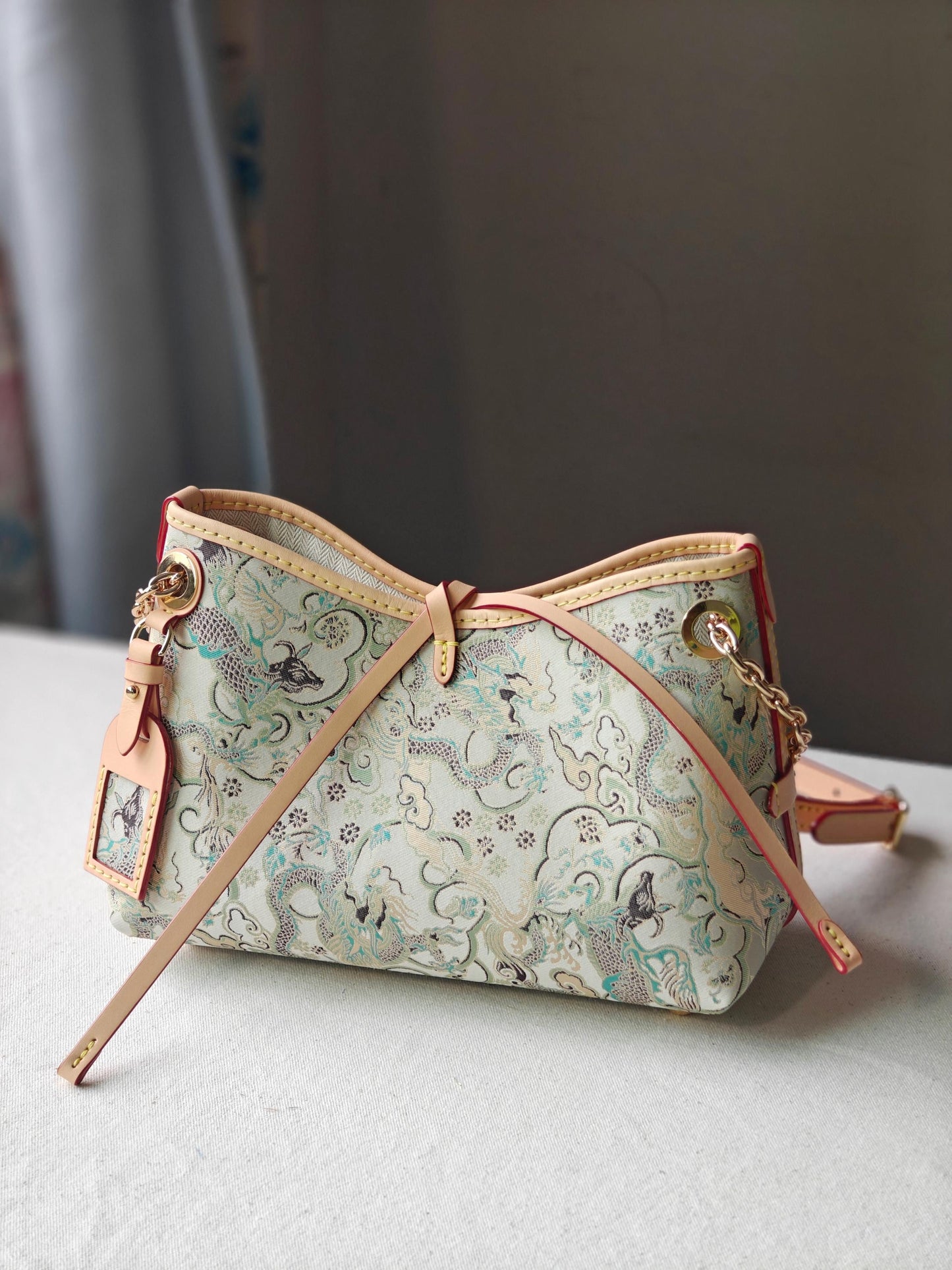 Dragon Brocade Handbag – Silk Tapestry, Auspicious Cow-Dragon Pattern, Elegant Oriental Purse for Everyday or Formal Wear